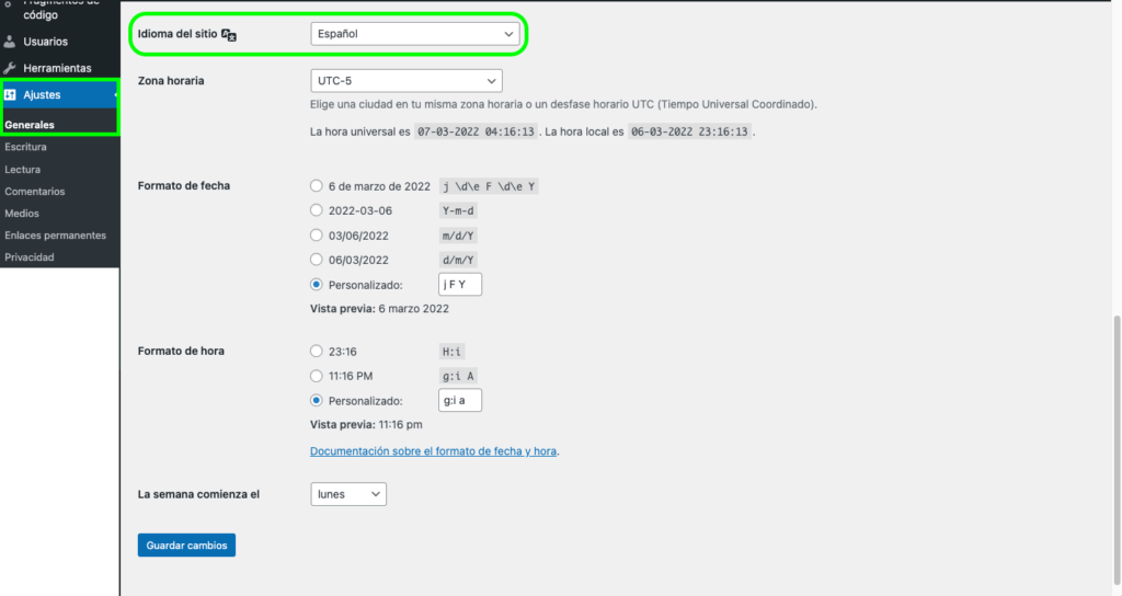 Configurar el idioma del sitio en wordpress